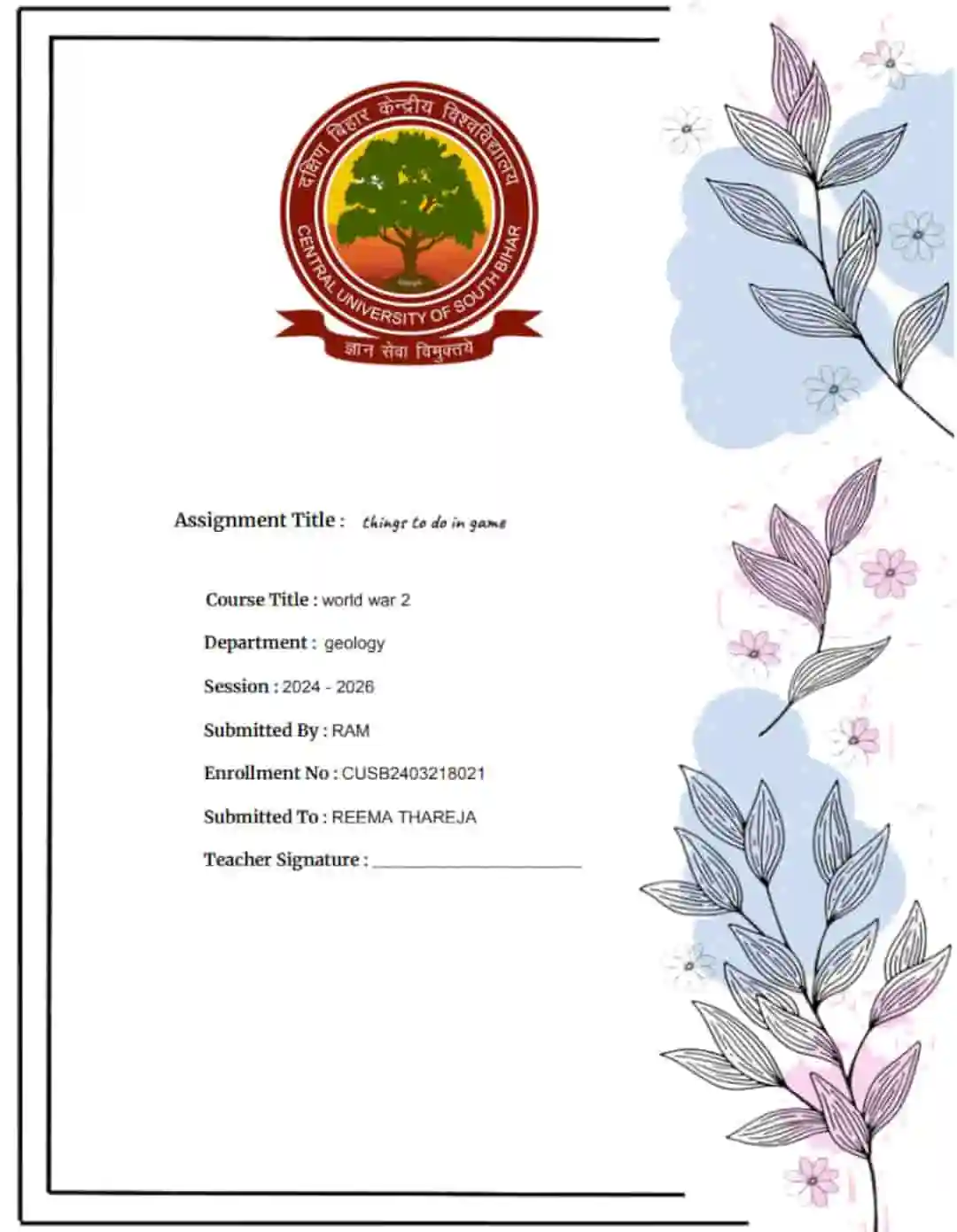 assignment cover page template